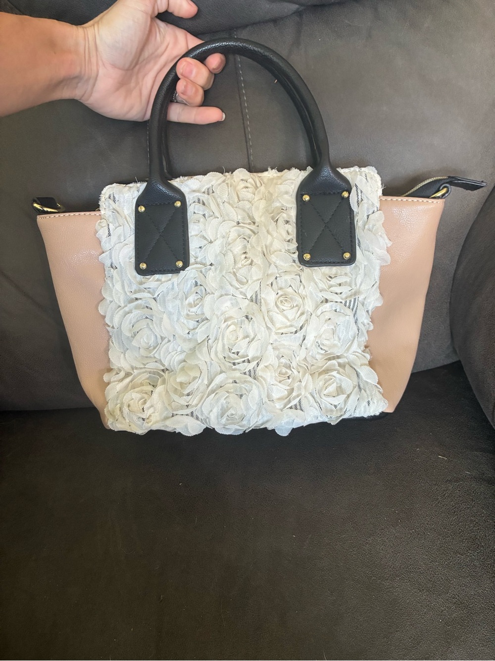 Betsey Johnson Cream Floral Applique Tote with Blush Panels and Black Handles